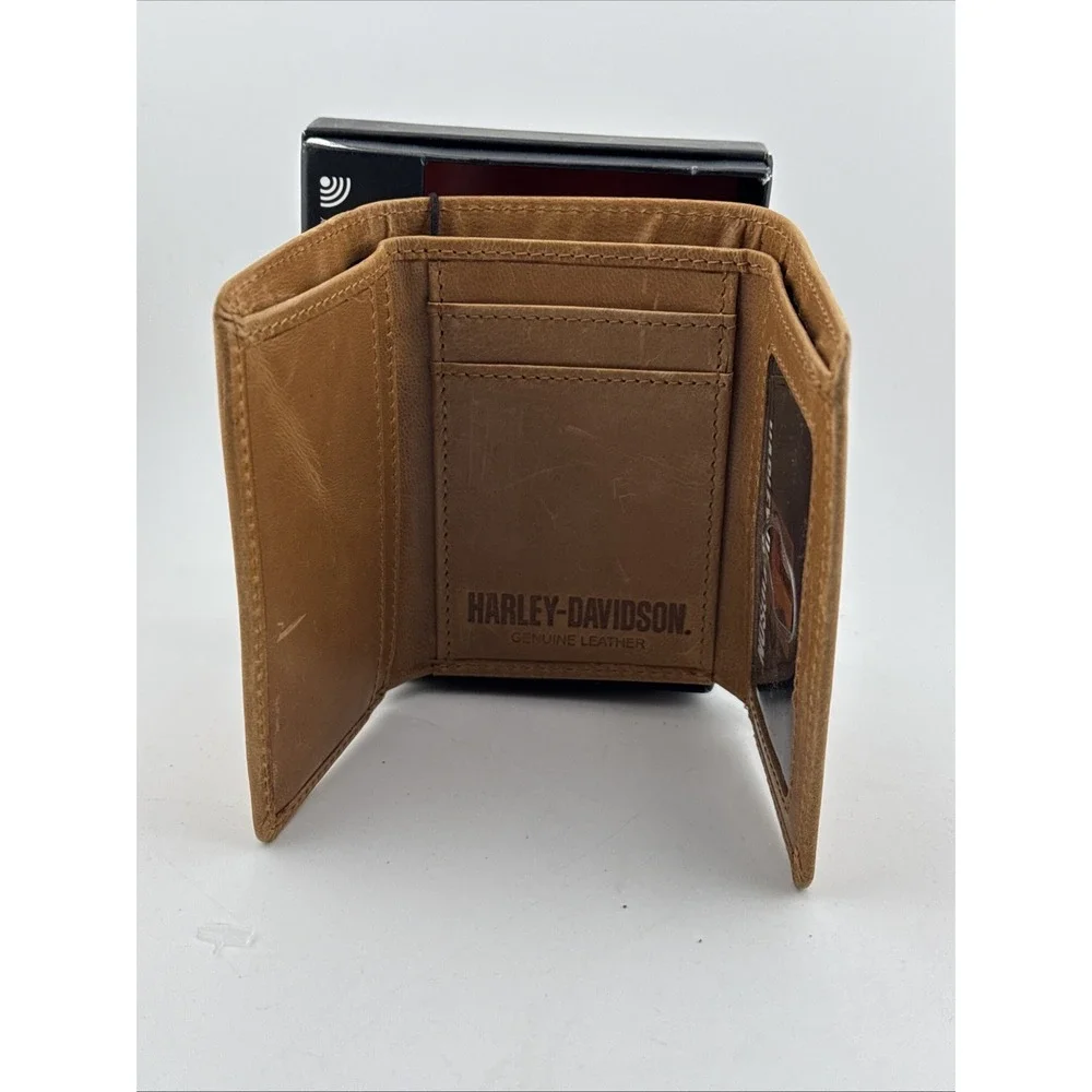 Harley-Davidson B&S Trifold Leather Wallet Tan RFID Blocking Technology